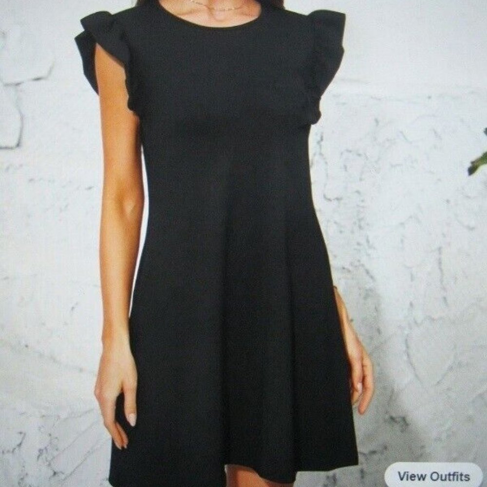 SHEIN Womens Ruffle Trim Black Flared Dress with ruffle cap sleeves Size Medium
